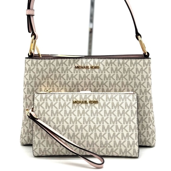Michael Kors Trisha MD Triple Compartment Xbody Bag & Double Zip Wallet Set Pink - Picture 1 of 12